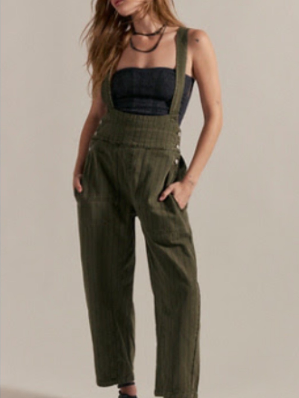 Free People Olive Utility Suspender Jumpsuit